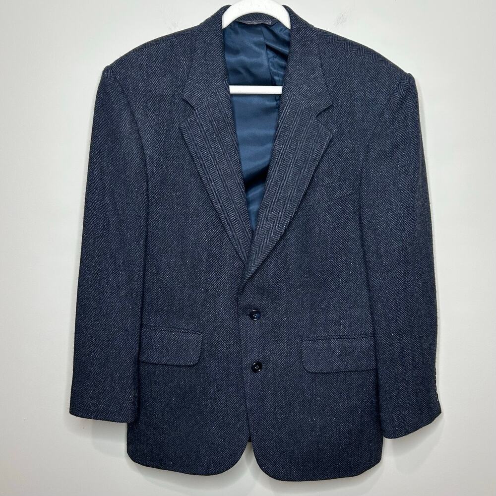 Lands' End Blue Herringbone 100% Wool Sport Coat Jacket Size 40S Preppy Academic